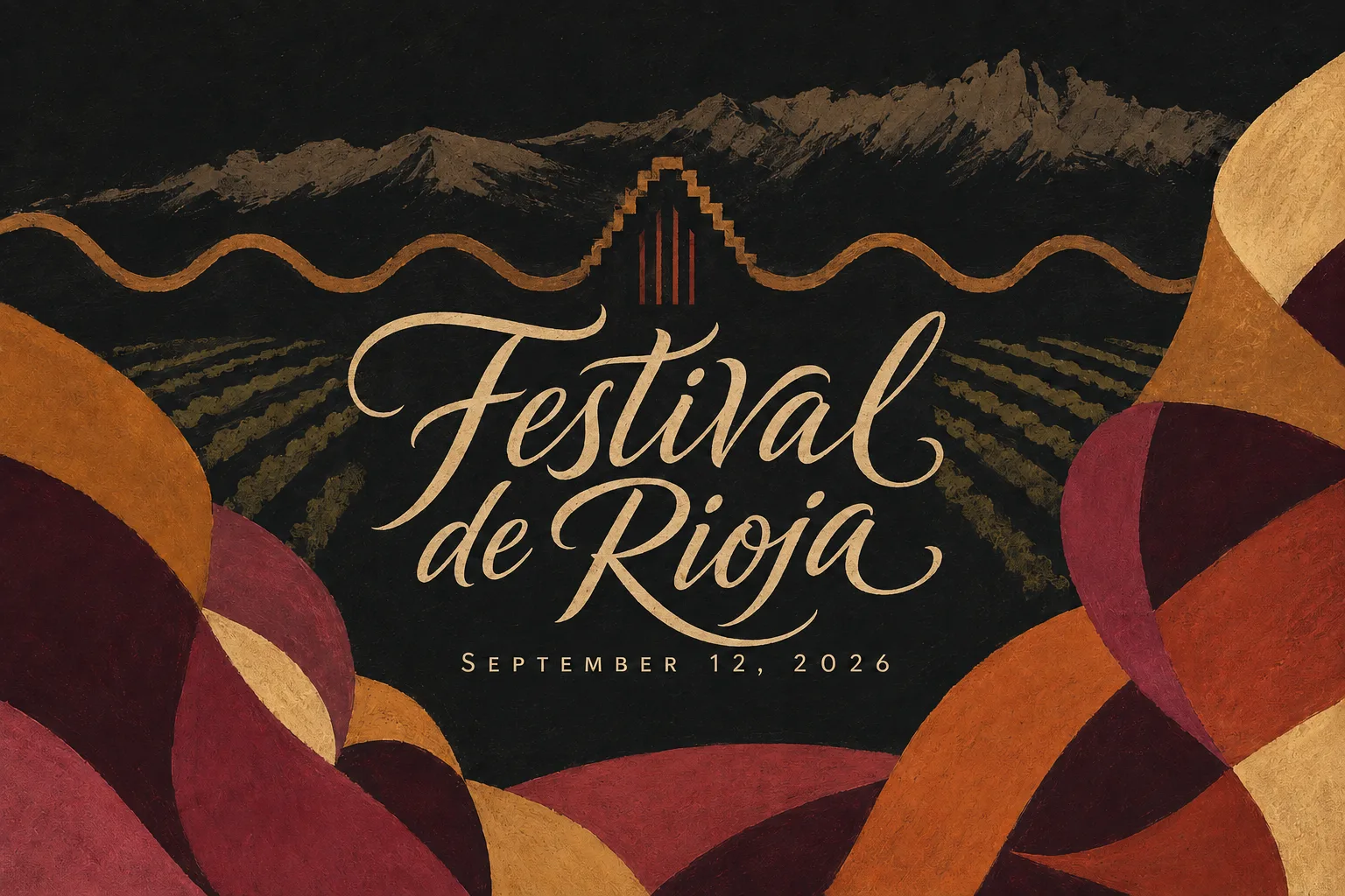 Festival de Rioja poster: cream script lettering over a painted night landscape of mountains, vineyard rows, and a winding gold river, framed by bold overlapping curves in oxblood, terracotta, and sand
