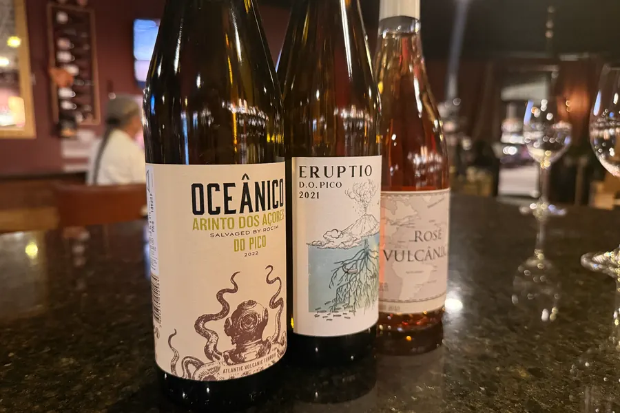 Three wines from Pico in the Azores on the bar at La Vid: Oceânico Arinto dos Açores, Eruptio, and Vulcânico rosé