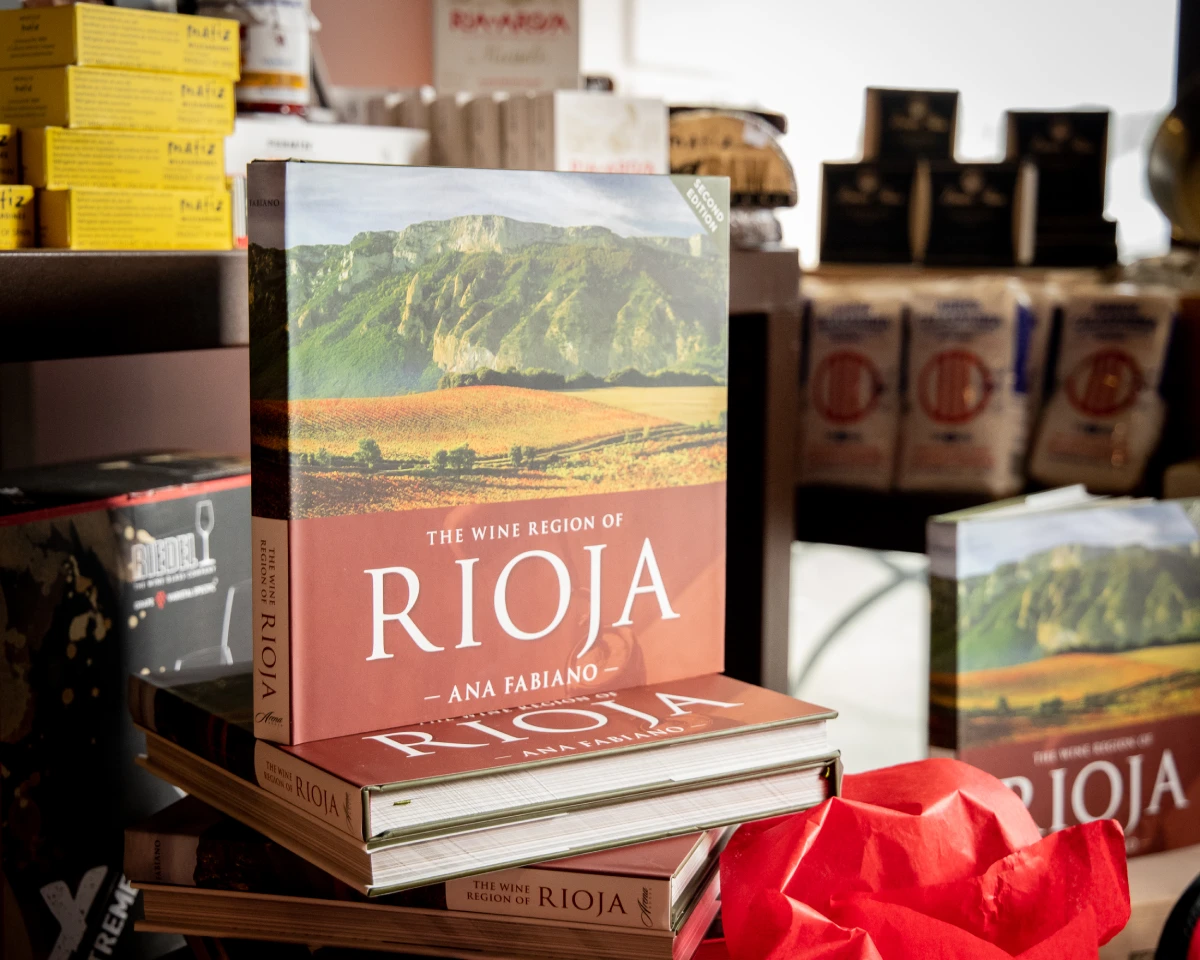 A copy of Ana Fabiano’s The Wine Region of Rioja standing on a stack of the same book at La Vid